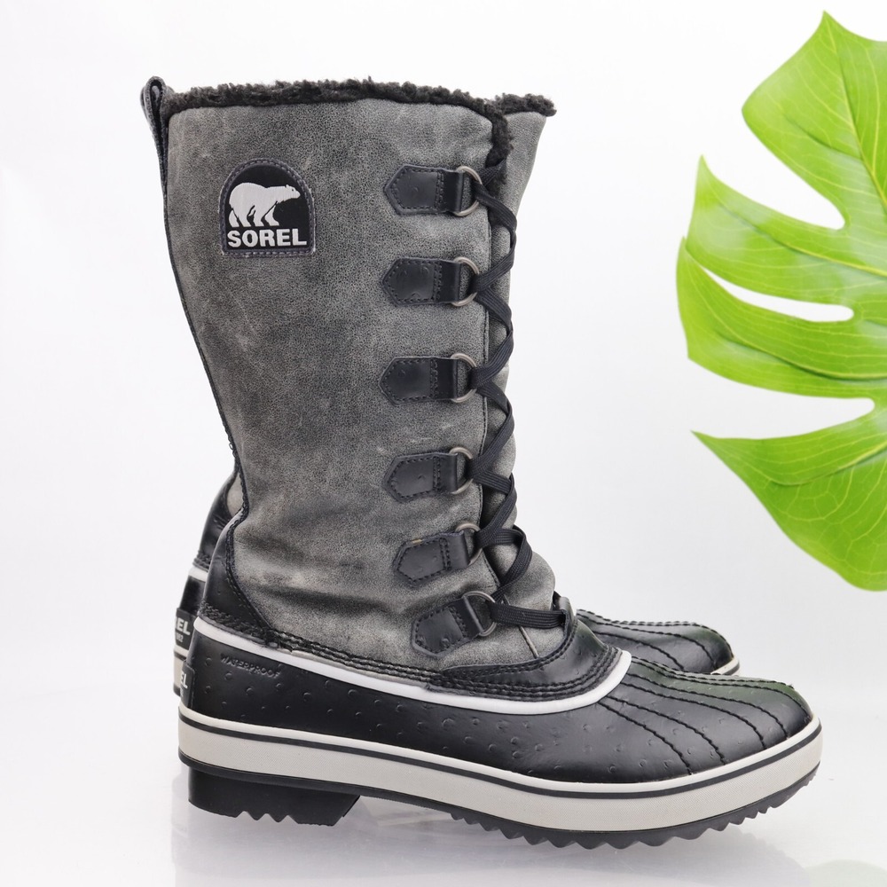 Sorel Womens Tivoli Winter Boots Size 9 Gray Leather Waterproof Faux Fur Lace Up